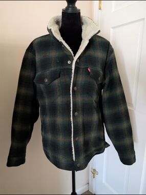 Levi's Plaid Sherpa Trucker Jacket Green Black Relaxed Fit Small